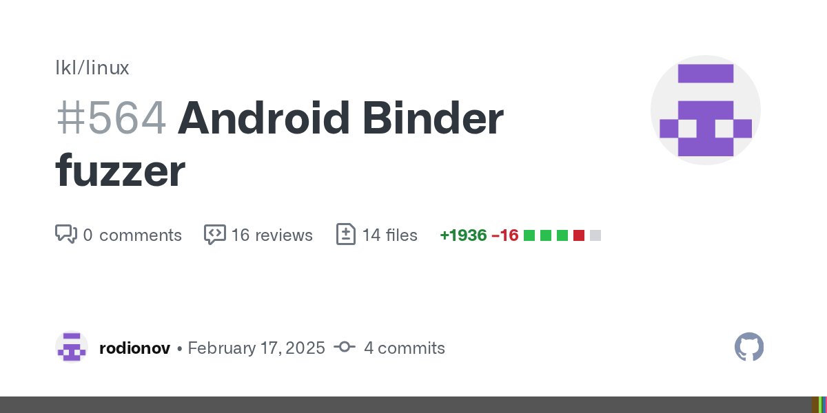 ksg93rd's tweet card. Hi @tavip @thehajime, Here is a couple of commits implementing @abcSup's Binder fuzzer.