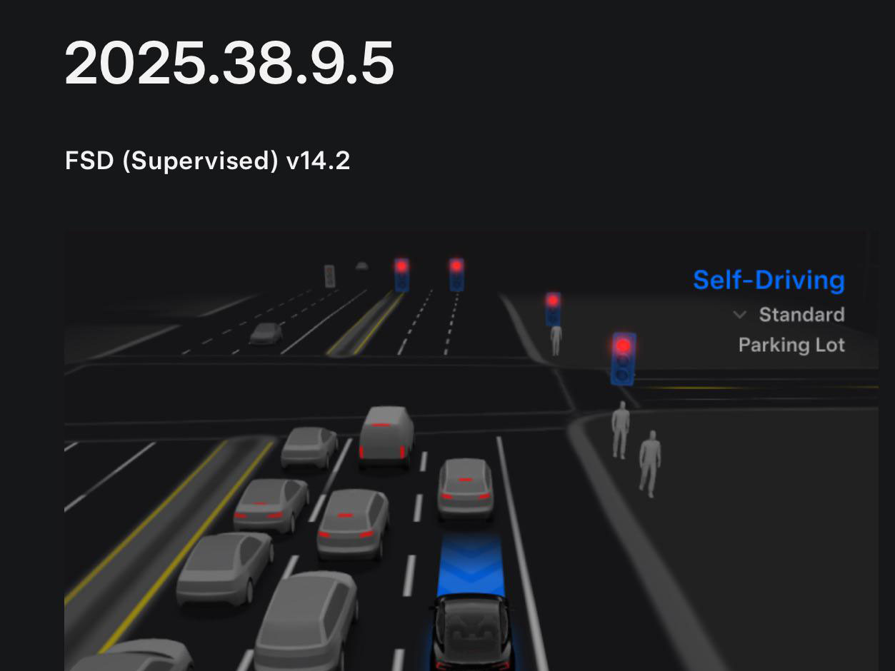 TeslaOracle_com's tweet card. Tesla (TSLA) begins the rollout of FSD v14.2 (2025.38.9.5) update. Get the complete and updated FSD v14.2 release notes, and new Self-Driving Stats feature info.