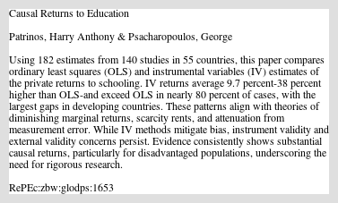 hpatrinos's tweet card. Using 182 estimates from 140 studies in 55 countries, this paper compares ordinary least squares (OLS) and instrumental variables (IV) estimates of the private returns to schooling. IV returns average