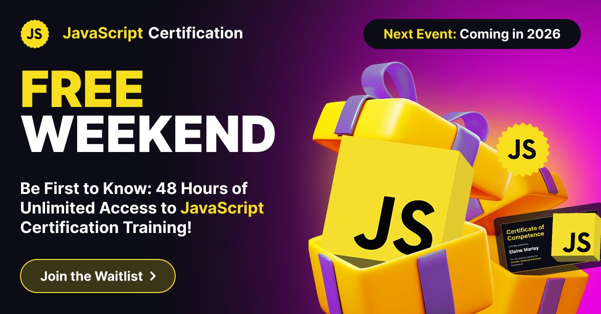 saurabhjdas786's tweet card. Unlock 48 hours of free access to JavaScript Mid-Level Certification Training on 10 and 11 May 2025. Dive into theory, coding challenges, quizzes, and a mock exam to gauge your readiness for the...
