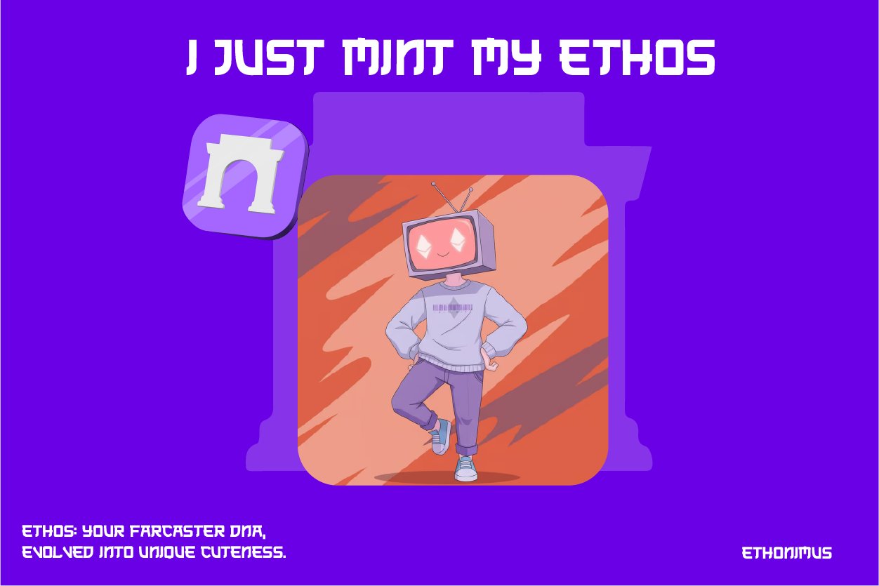 ethonimus's tweet card. Generate a unique chibi-style character from your Farcaster profile and mint it as an NFT on Base.