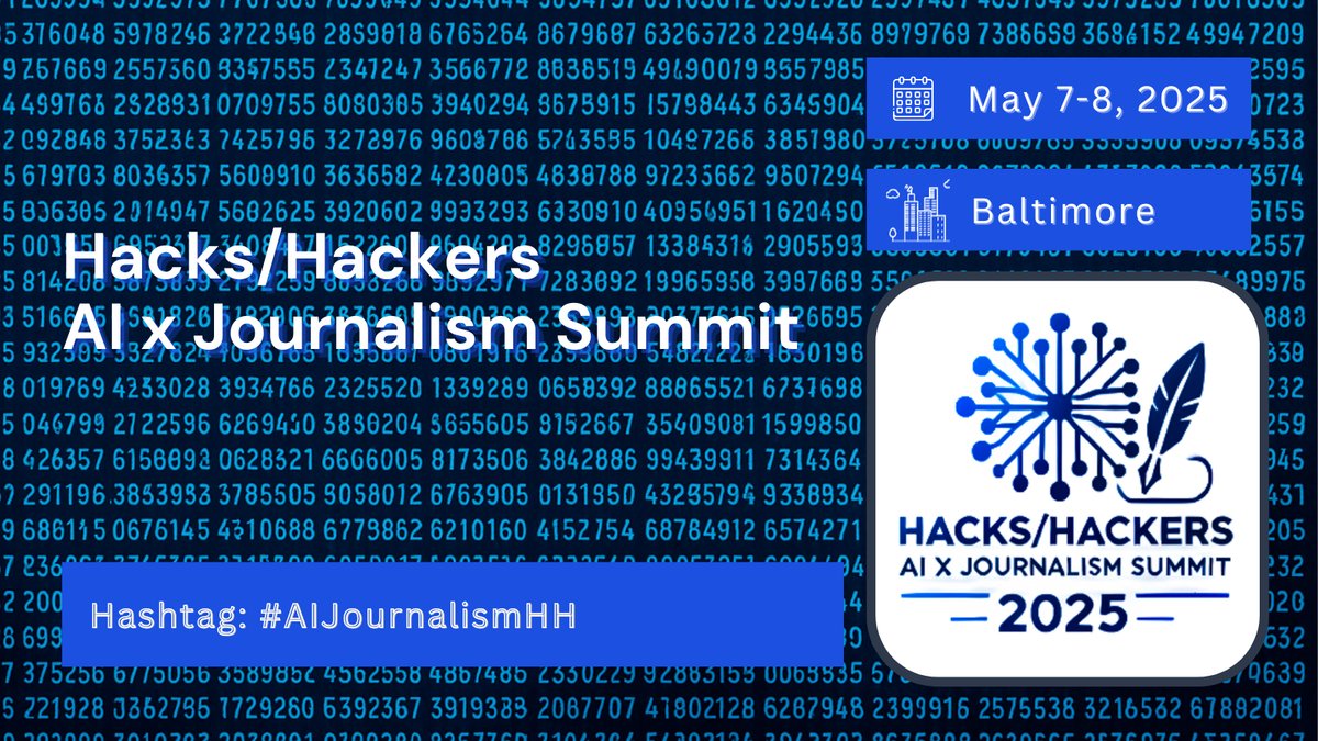 HacksHackers's tweet card. Hacks/Hackers and our host partners are convening the first-ever AI x Journalism Summit in Baltimore from May 7–8. Get the full schedule here.