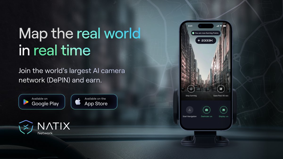 BitcometB's tweet card. Download, drive and earn. Get token rewards and in-app currency for mapped geospatial data. Drive DePIN innovation forward with the NATIX Web3 AI app.