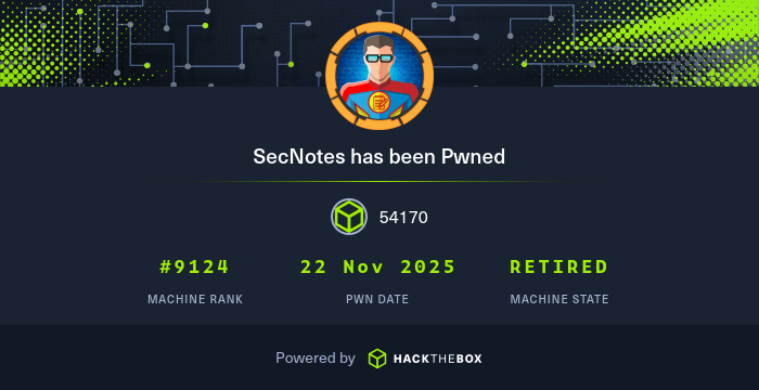 _ryotravel's tweet card. I have just owned machine SecNotes from Hack The Box