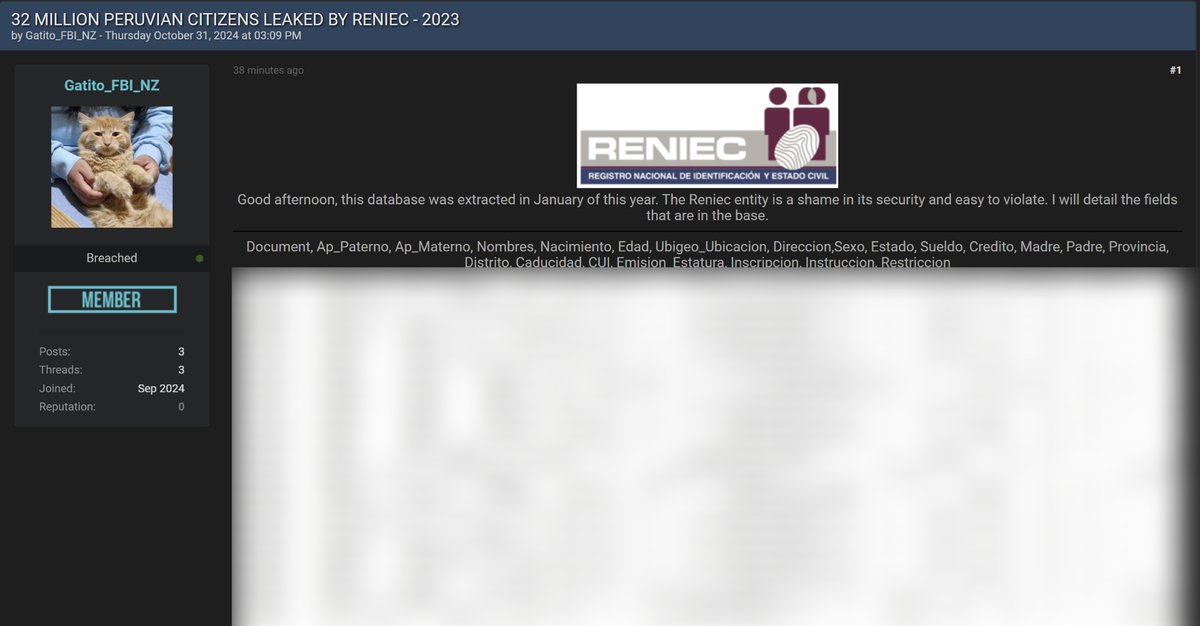 DarkWebInformer's tweet card. A Threat Actor has Allegedly Leaked Data of RENIEC