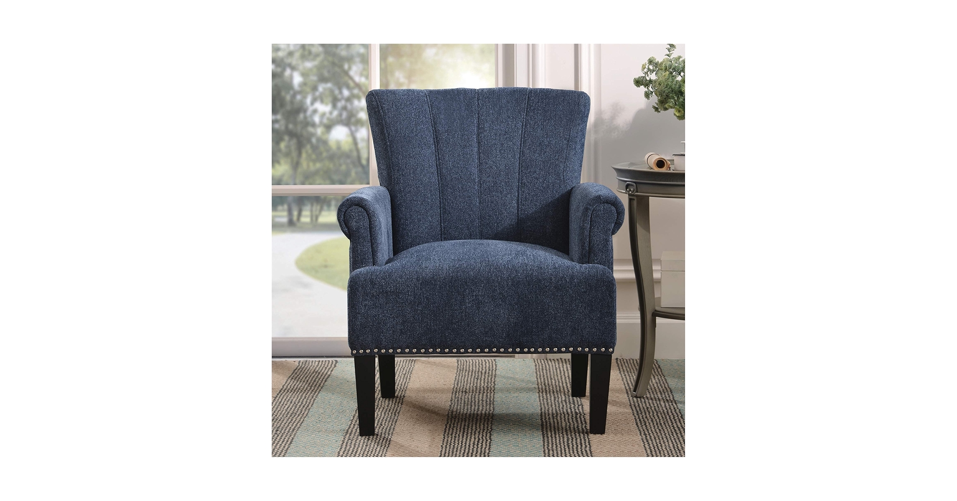 HomeDesignStuff's tweet card. Product Name: Rivet Tufted Armchairs Overall Dimension: 24"x29"x34.5" (DxWxH) Overall Weight: 31 lbs Weight Capacity: 330 lbs Fabric Material: 100% Polyester Leg Material: Rubber Wood Frame Material:...