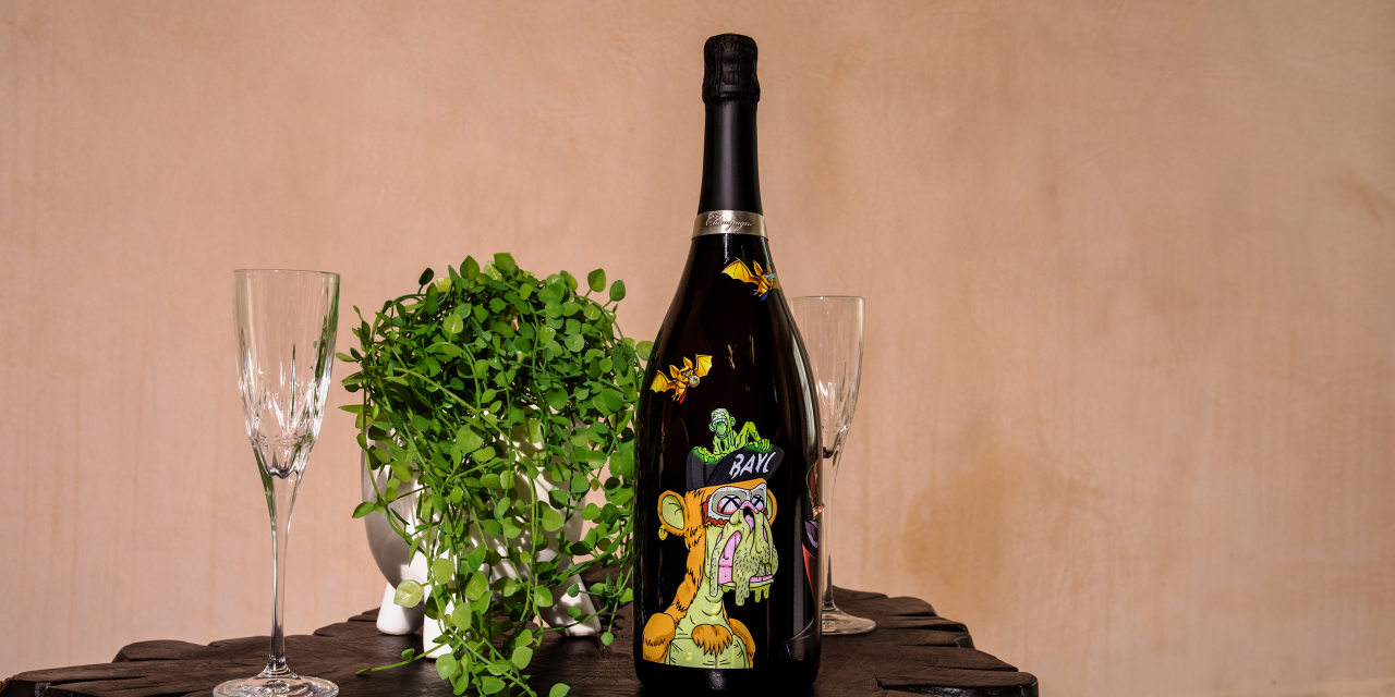 FayreLabs's tweet card. The value of the bottle is less about the champagne inside and more about the sum of its parts, including the digital tokens that came with it and whose images were printed on the outside.