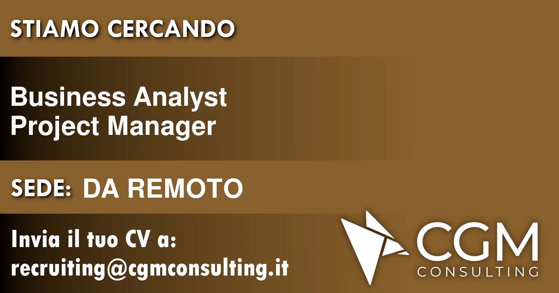 CGMConsulting's tweet card. CGM Consulting ricerca con urgenza Business Analyst / Project Manager da Remoto da inserire nel team per un progetto.