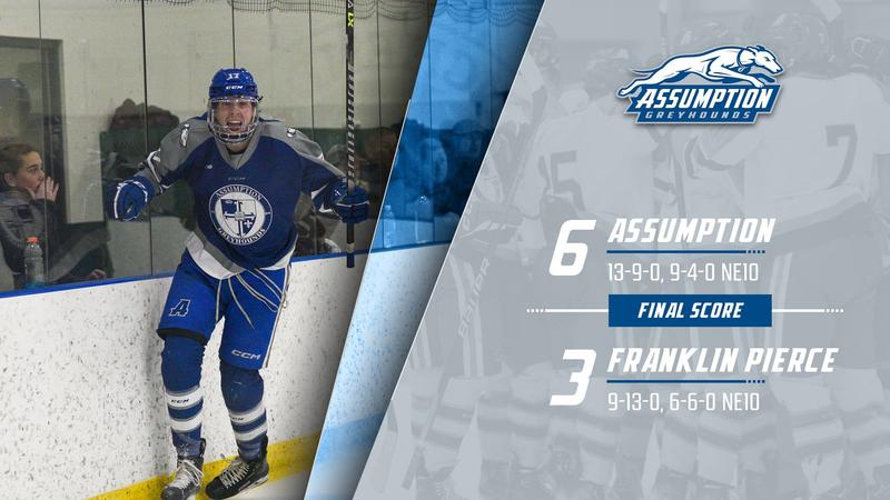 GoAssumptionU's tweet card. WINCHENDON, Mass. – Twelve different skaters register a point as the Assumption University men's ice hockey team picked up a 6-3 win at Franklin Pierce Friday evening.
