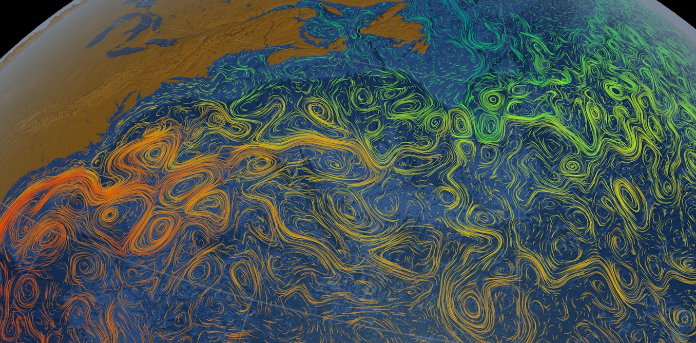 Conversation_E's tweet card. Las corrientes marinas son ríos invisibles que transportan energía. Hoy, gracias a los satélites, podemos observarlas con más detalle que nunca. Y lo que revelan nos obliga a repensar el clima y a...