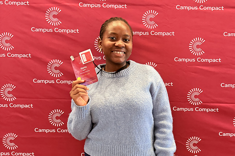 elmhurst_u's tweet card. Netochukwu Kalu ’26, has a passion for building community, which led her to being selected for the 2025 class of Newman Civic Fellows.
