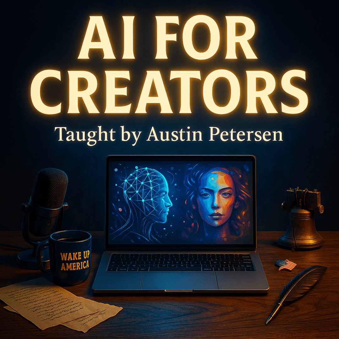 AP4Liberty's tweet card. Master AI for content creation with Austin Petersen's comprehensive course. Learn practical AI tools, workflows, and strategies to boost your creative output. Enroll today!