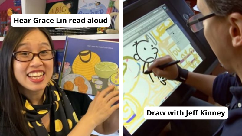 ELmagazine's tweet card. Options for live or pre-recorded author visits, read-aloud videos, drawing lessons, and more.