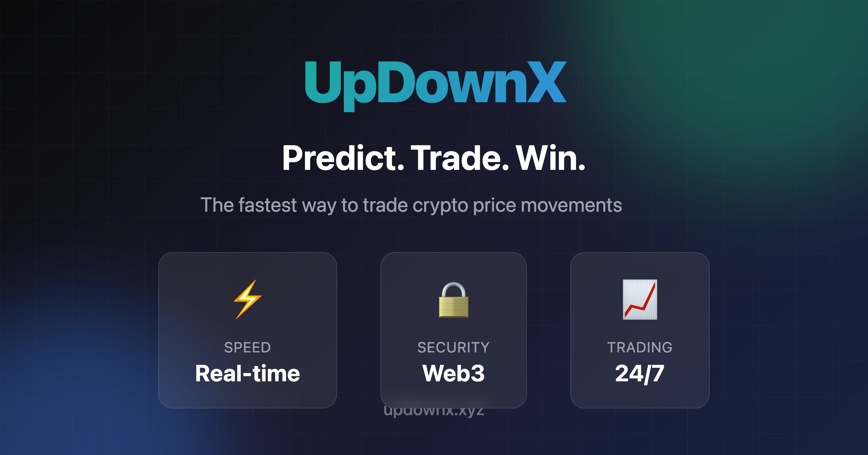 UpDownXDEX's tweet card. Trade cryptocurrency price movements in real-time. Predict if crypto prices go up or down.