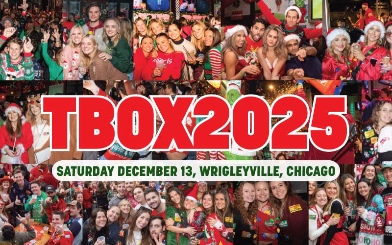 TBOXBarCrawls's tweet card. Festa's 29th Annual TBOX in Wrigleyville, Chicago, Dec 13 2025 * World's Largest, Longest-Running Pub Crawl - #TBOX2025 - Original 12 Bars of Xmas Pub Crawl