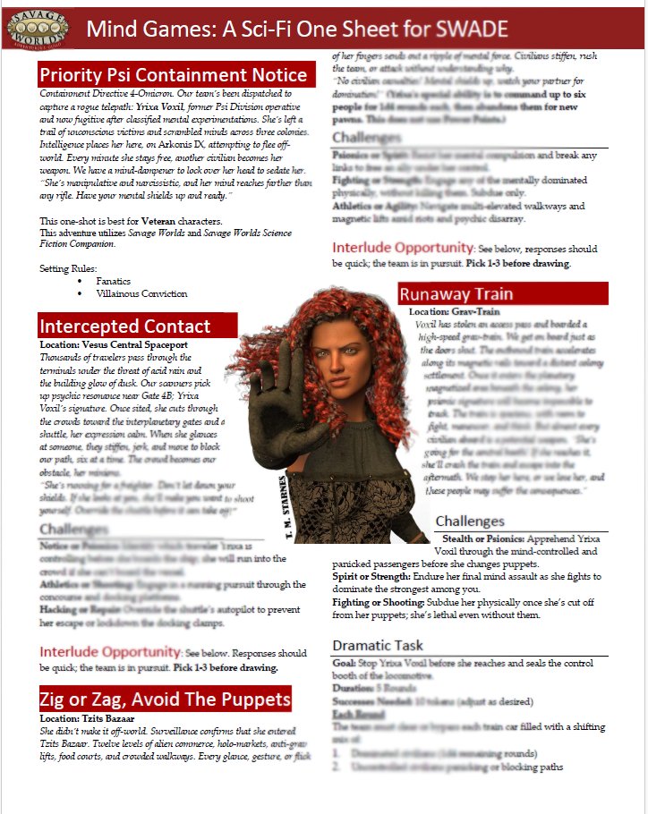 SavageBloggers's tweet card. Mind Games: A Sci Fi Adventure Containment Directive 4-Omicron. Our team’s been dispatched to capture a rogue telepath: Yrixa Voxil, former Psi Division operative and now fugitive after classified...
