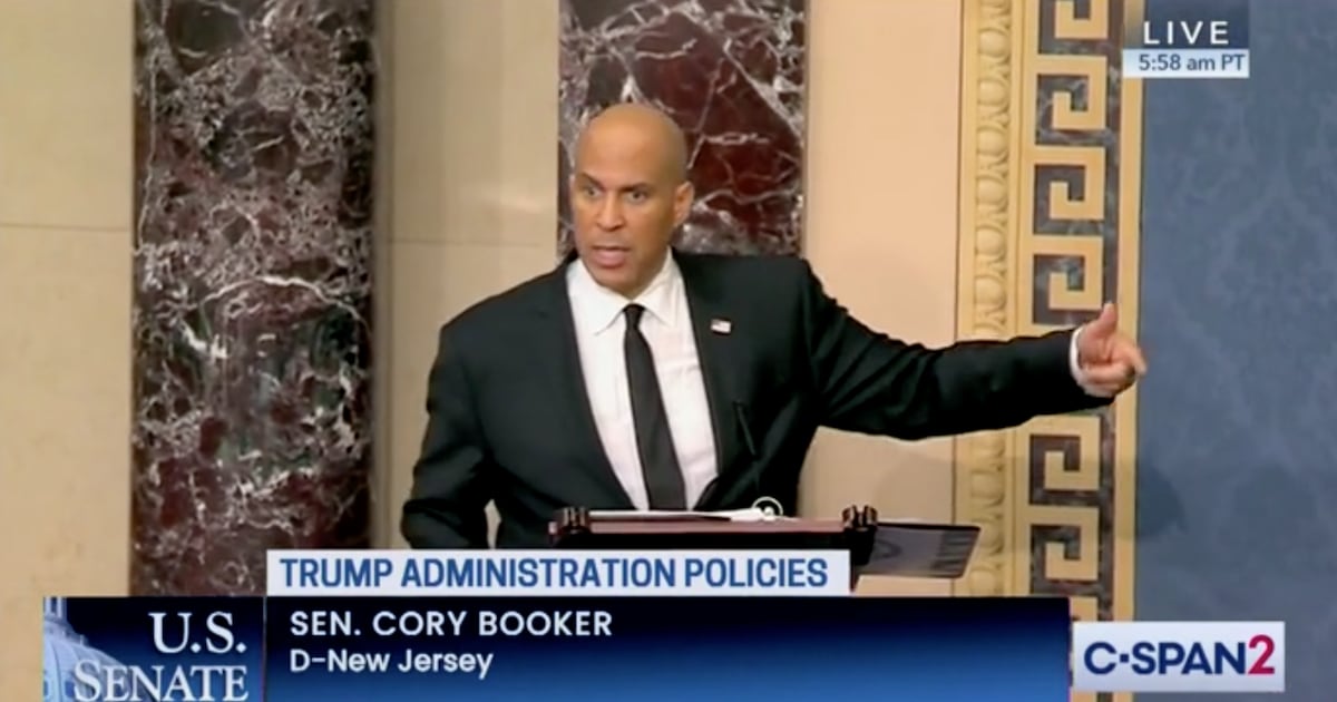 thedailybeast's tweet card. The New Jersey senator has vowed to hold the Senate floor for as long as he’s “physically able” to highlight the “crisis” unleashed by the Trump administration.