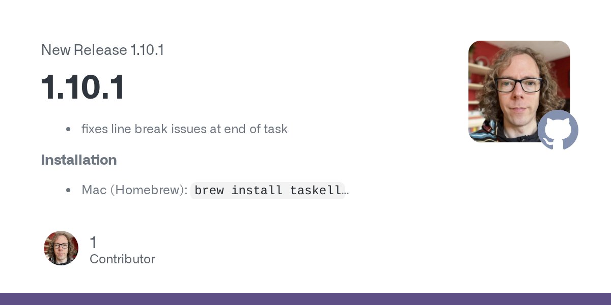 taskellcli's tweet card. fixes line break issues at end of task Installation Mac (Homebrew): brew install taskell Mac/Linux: download binary and place it in a directory in your $PATH (e.g. /usr/local/bin) Debian (includi...
