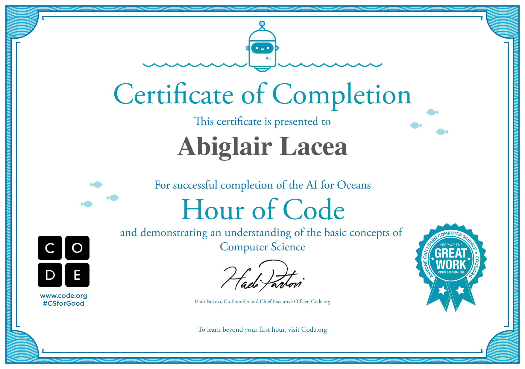 _sukilvsh's tweet card. Certificate for completion of AI for Oceans