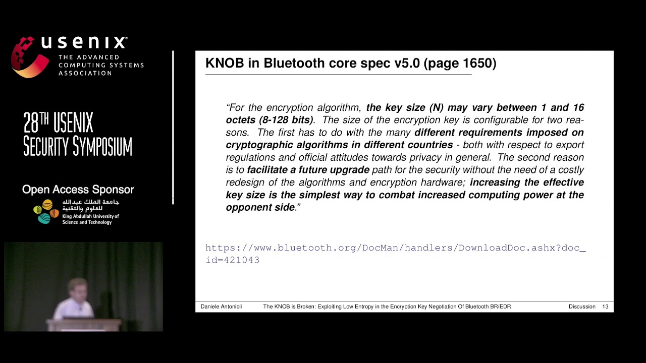 USENIXSecurity's tweet card. USENIX Security '19 - The KNOB is Broken: Exploiting Low Entropy in...
