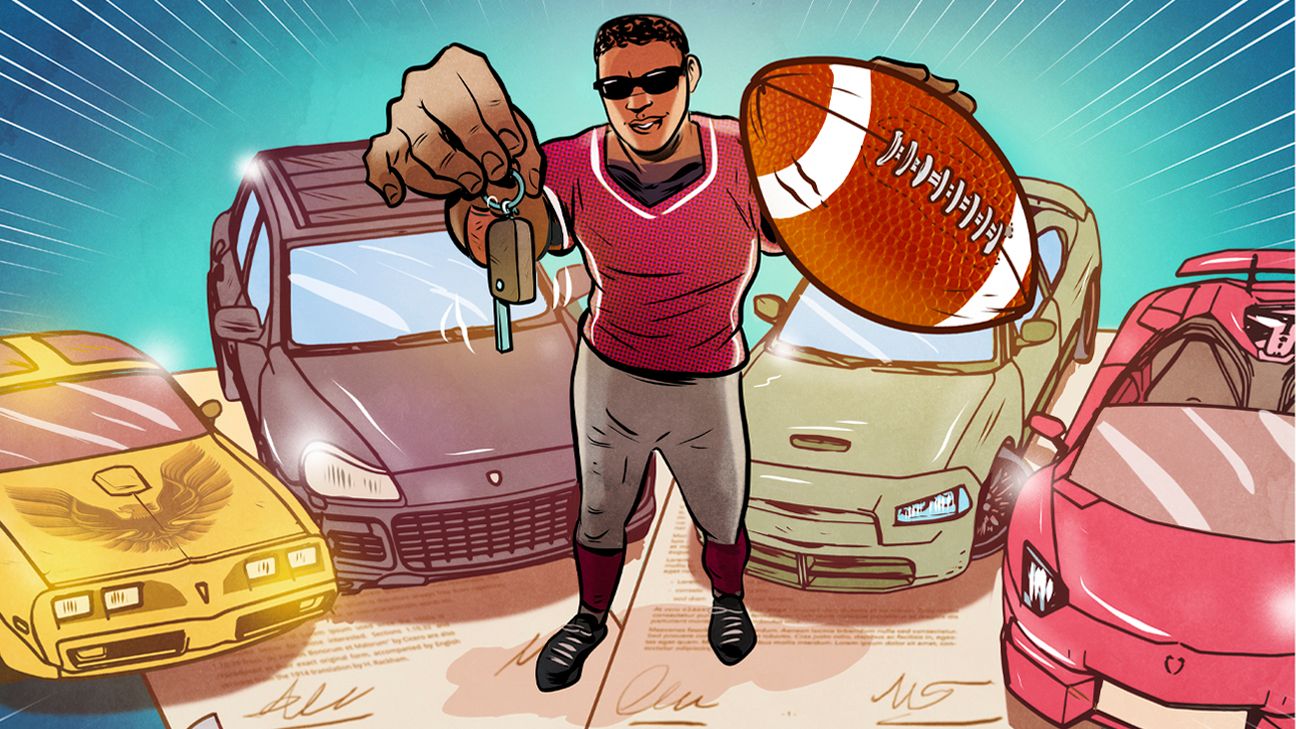 dwil's tweet card. More college football players are driving sports cars than ever before. But the connection between dealers and programs goes back decades.