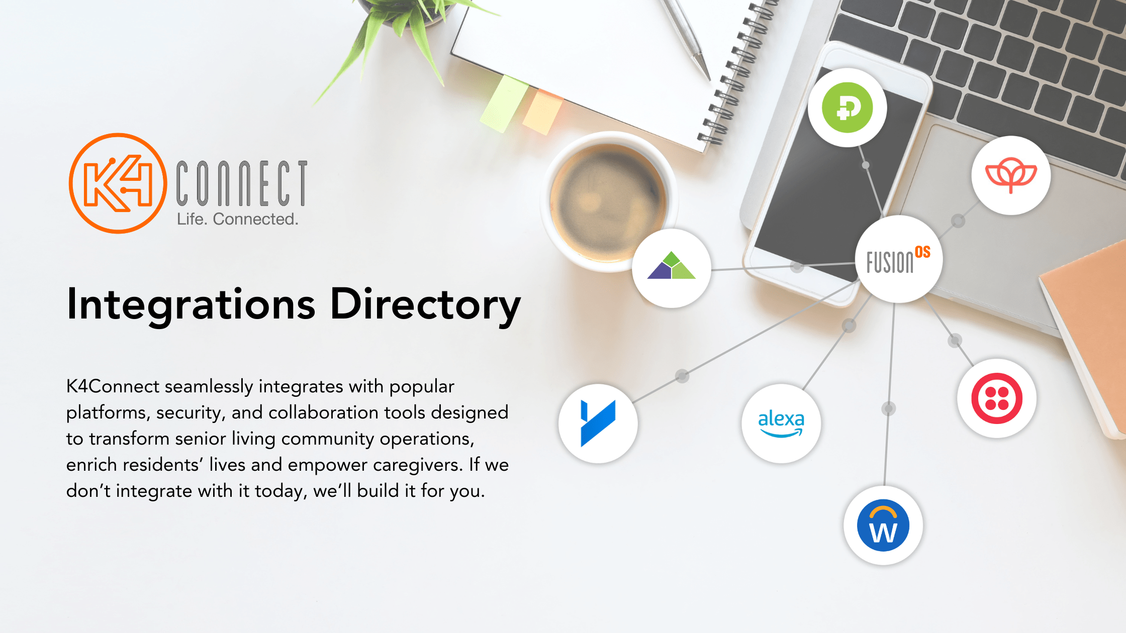 K4Connect's tweet card. K4Connect seamlessly integrates with popular platforms, security, and collaboration tools designed to transform senior living communities.
