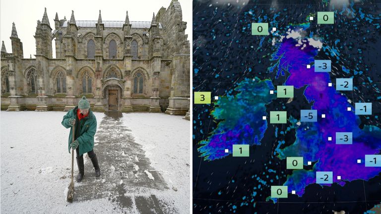 SkyNews's tweet card. Schools have had to close in parts of Aberdeenshire and the Highlands, with snow and ice causing difficulties through until Sunday.