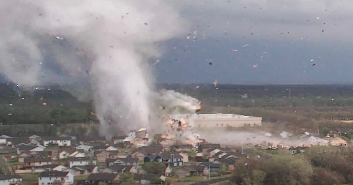 Swoop_Hub's tweet card. A DJI drone captured tornado footage in Andover, Kansas, showing houses ripped from their foundation and flung hundreds of feet into the air.