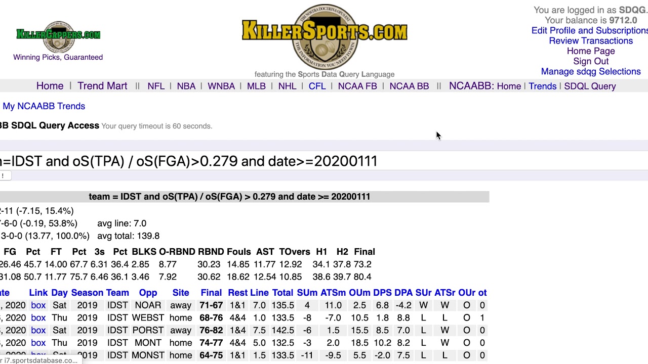 Killer_Trends's tweet card. Active OU SDQL NCAA BB Query of the Day - 20200311