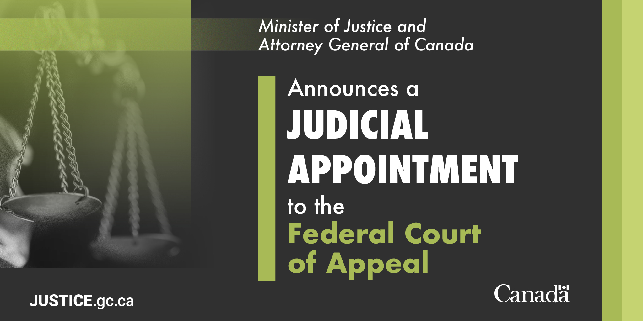 MinJusticeEn's tweet card. The Honourable Arif Virani, Minister of Justice and Attorney General of Canada, today announced the following appointment under the judicial application process established in 2016.