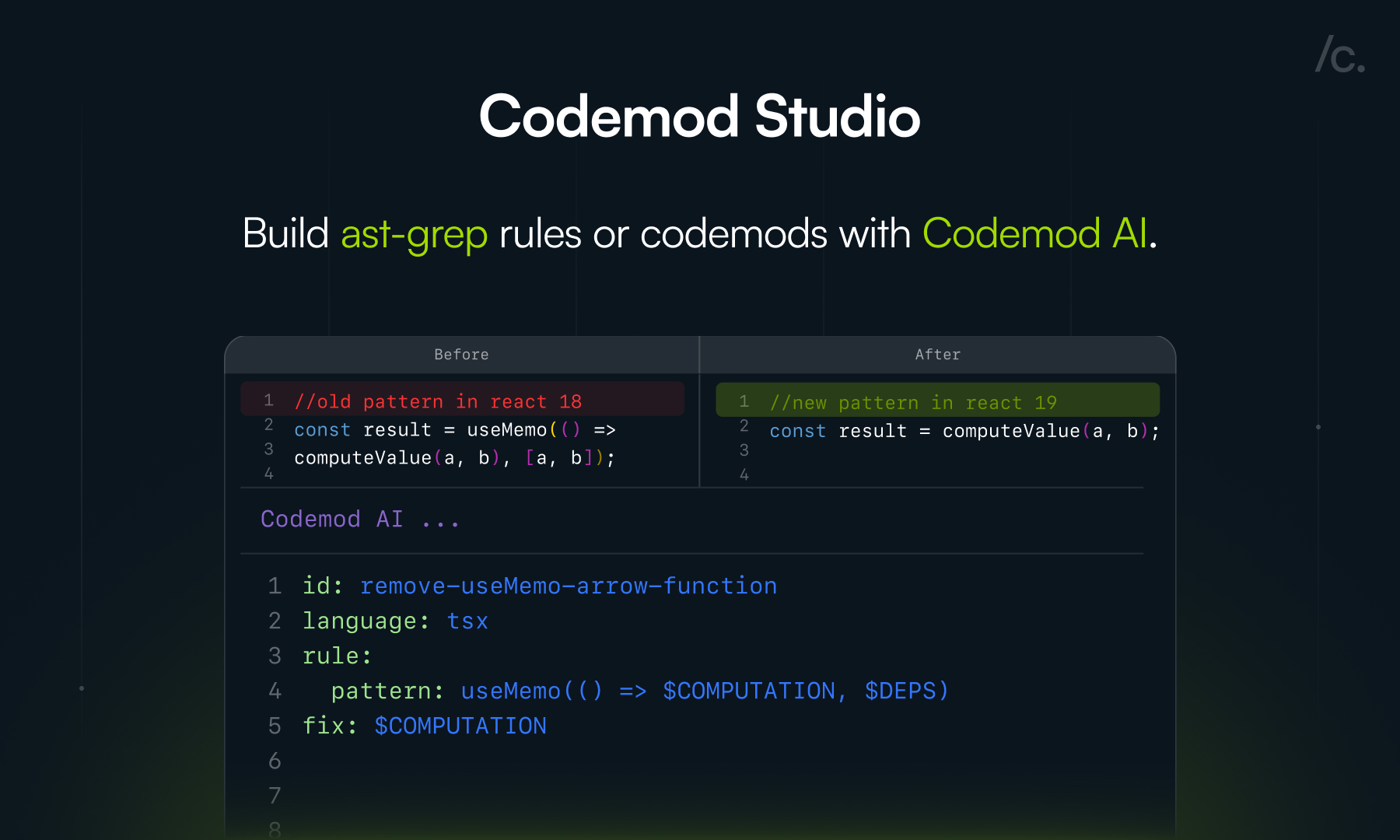 alex__bit's tweet card. Create, test, and deploy powerful codemods with AI assistance. Transform your codebase with confidence using Codemod Studio.