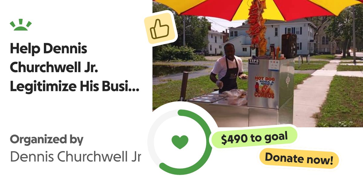 ChurchDailyApps's tweet card. Hey, my name is Dennis Churchwell Jr. I'm from Muskegon, MI. … Dennis Churchwell Jr needs your support for Help Dennis Churchwell Jr. Legitimize His Business