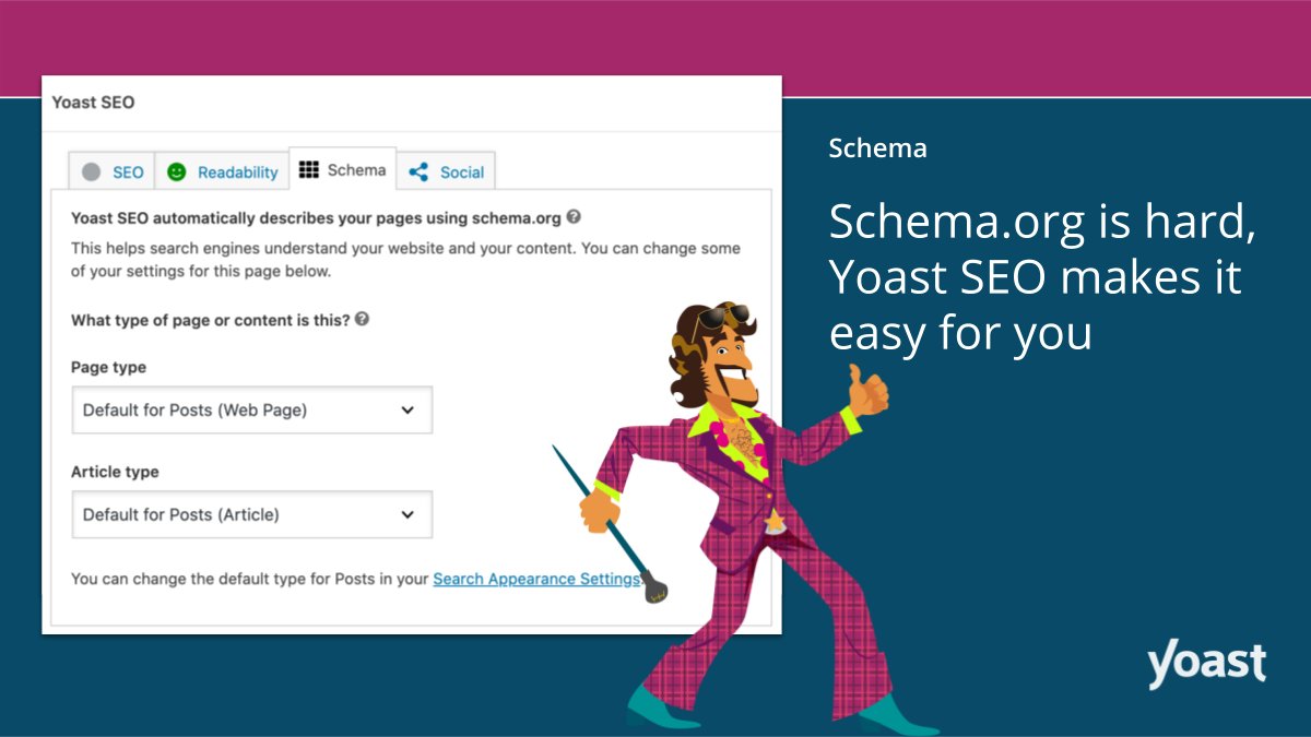 jdevalk's tweet card. Getting a Schema.org implementation right on a website was enormously painful. Yoast SEO helps you get your Schema.org implementation right.