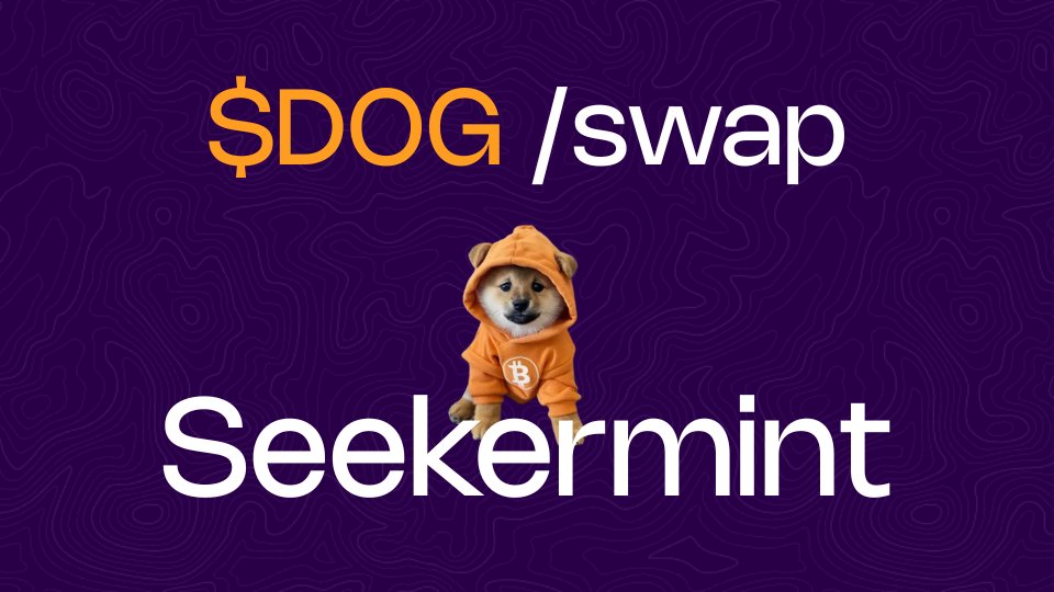 seekermint_app's tweet card. Swap $DOG on Bitcoin at the best price - Low Fee 1% only - 50% discount for OG Holders.
