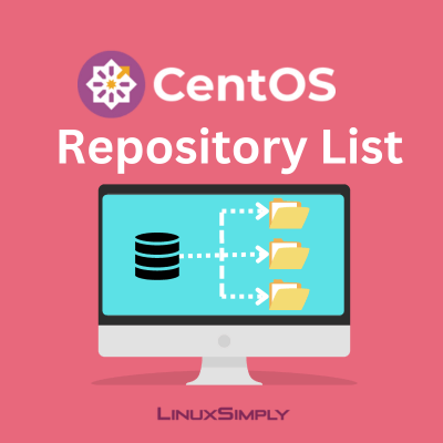 LinuxSimply's tweet card. The CentOS repository list includes all the existing repositories of the OS, which carry the latest information of software packages.