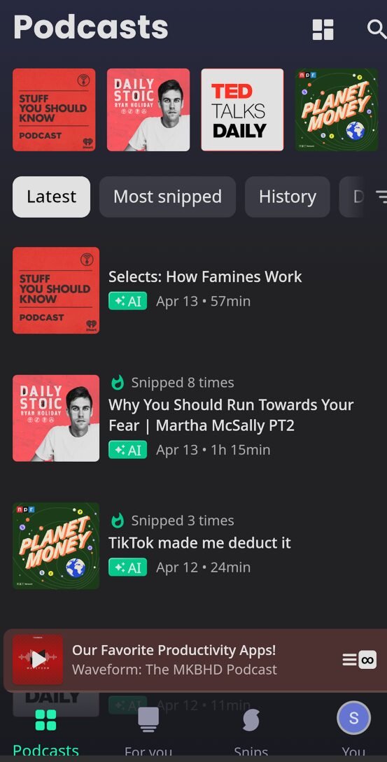 CTNET12's tweet card. Snipd is a podcast player for those who want to actively learn from the podcast by taking notes but don’t have time to write them. Any good?