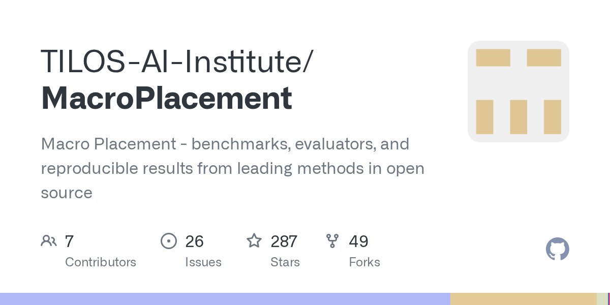 tilos_ai's tweet card. Macro Placement - benchmarks, evaluators, and reproducible results from leading methods in open source - TILOS-AI-Institute/MacroPlacement