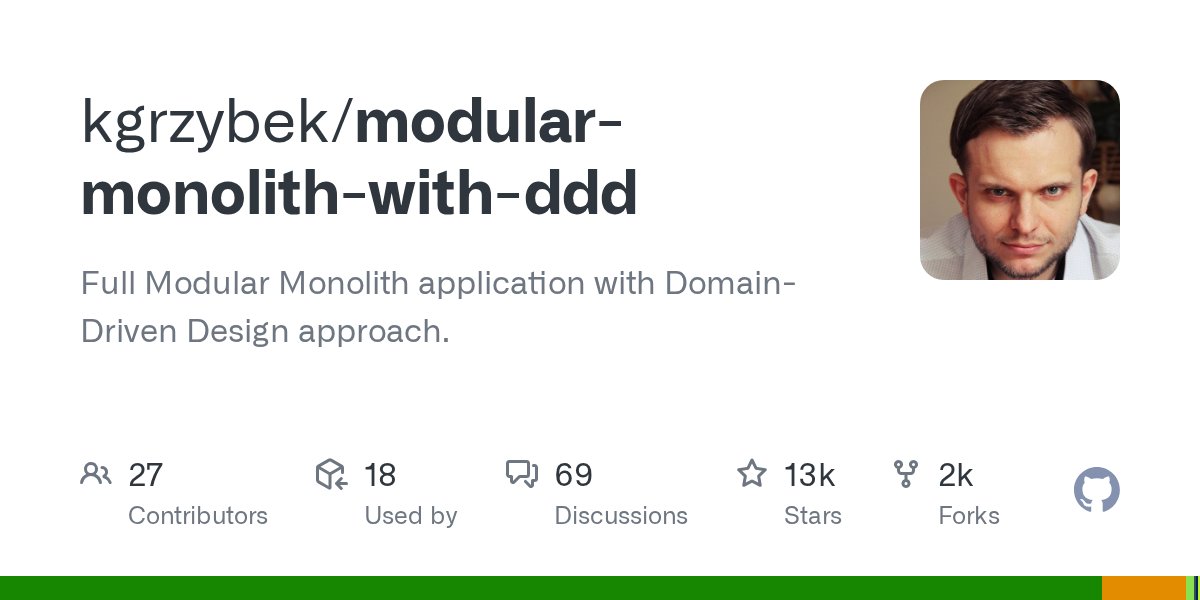 github_trends's tweet card. Full Modular Monolith application with Domain-Driven Design approach. - kgrzybek/modular-monolith-with-ddd
