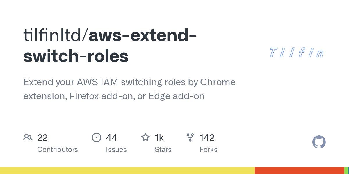 __github__'s tweet card. Extend your AWS IAM switching roles by Chrome extension, Firefox add-on, or Edge add-on - tilfinltd/aws-extend-switch-roles