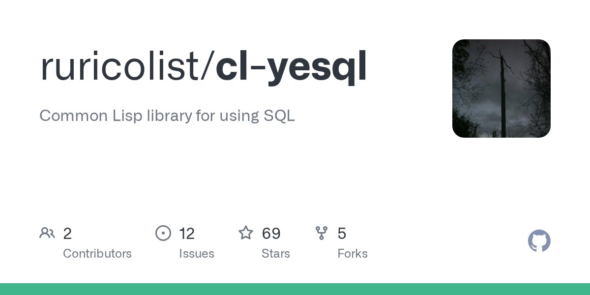 killian_arts's tweet card. Common Lisp library for using SQL. Contribute to ruricolist/cl-yesql development by creating an account on GitHub.