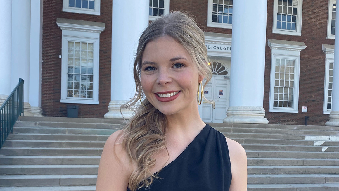UVAEdu's tweet card. Kennedy Wilkins struggled to find her place as a first-year during COVID. But time spent caring for her grandmother helped her find both her home at UVA and her future career.
