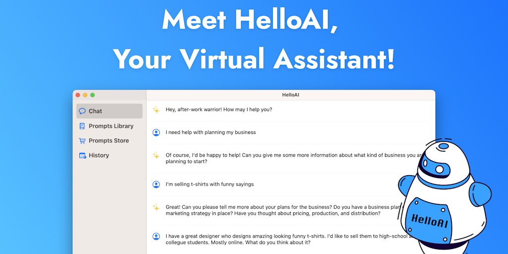 MichalLangmajer's tweet card. HelloAI is a handy chatGPT app that was built entirely by copy-pasting GPT4 responses! 🤯 It has a Prompt Store with hundreds of inspirational prompts and a Library so you can manage your frequently...
