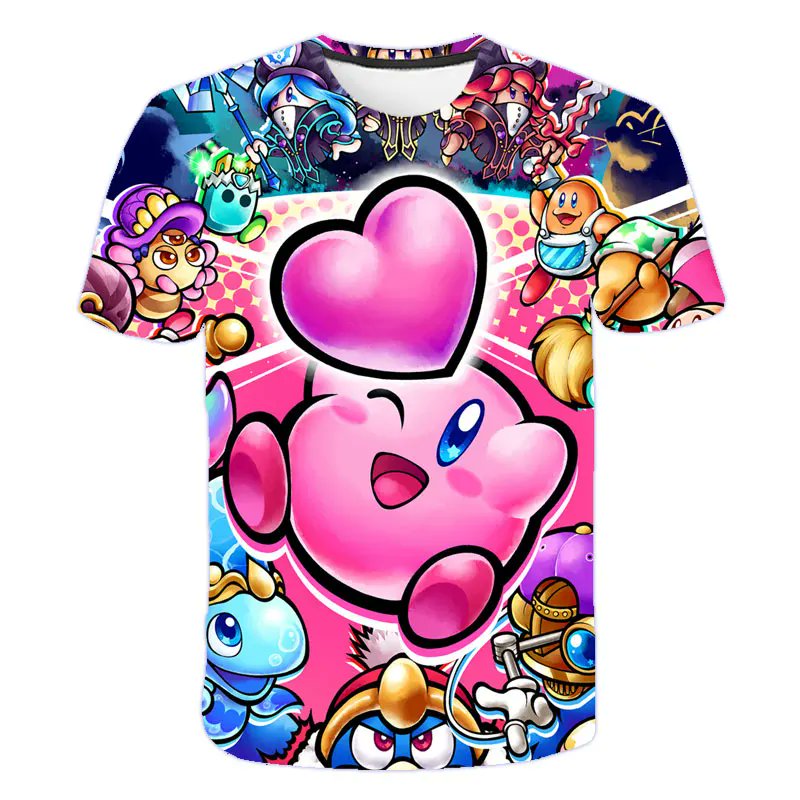 kirbyplush0's tweet card. Name: Summer Kirby Game Anime Cartoon Kids Baby T Shirt Material: Polyester Size: 4T-14T  