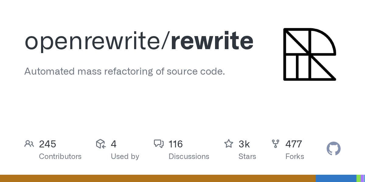 jon_k_schneider's tweet card. Automated mass refactoring of source code. Contribute to openrewrite/rewrite development by creating an account on GitHub.
