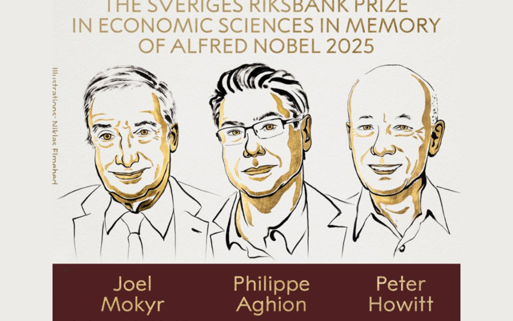 InvezzPortal's tweet card. The 2025 Nobel prize in Economics honors Mokyr, Aghion, and Howitt for explaining how innovation drives growth—and warns that progress depends on culture, competition, and ideas.