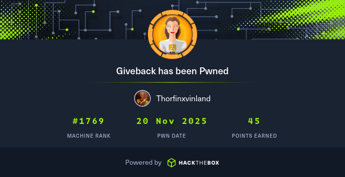 6173687561646d6's tweet card. I have just owned machine Giveback from Hack The Box