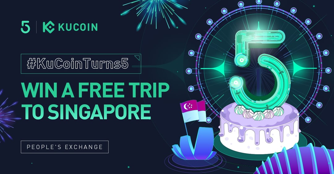 kucoincom's tweet card. 🎉🎉🎉 As KuCoin Turns 5, we want to invite all our users to join the celebration and give away a FREE trip to Singapore 🇸🇬🔥 Finish the Gleam tasks to enter, ONE SUPER LUCKY WINNER will win a free...