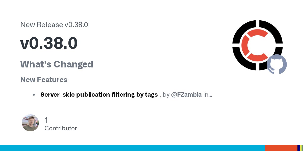 centrifugalabs's tweet card. What's Changed New Features Server-side publication filtering by tags, by @FZambia in #511. Added support for filtering publications on the server by specifying tag filters in subscription r...
