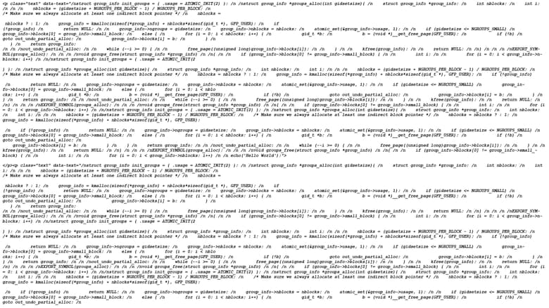 Marvel's tweet card. else { /n for (i = 0; i < nblo cks; i++) { /n 24569 gid_t *b; /n 7119 b = (void *)__get_free_page(GFP_USER); /n if (!b) /n