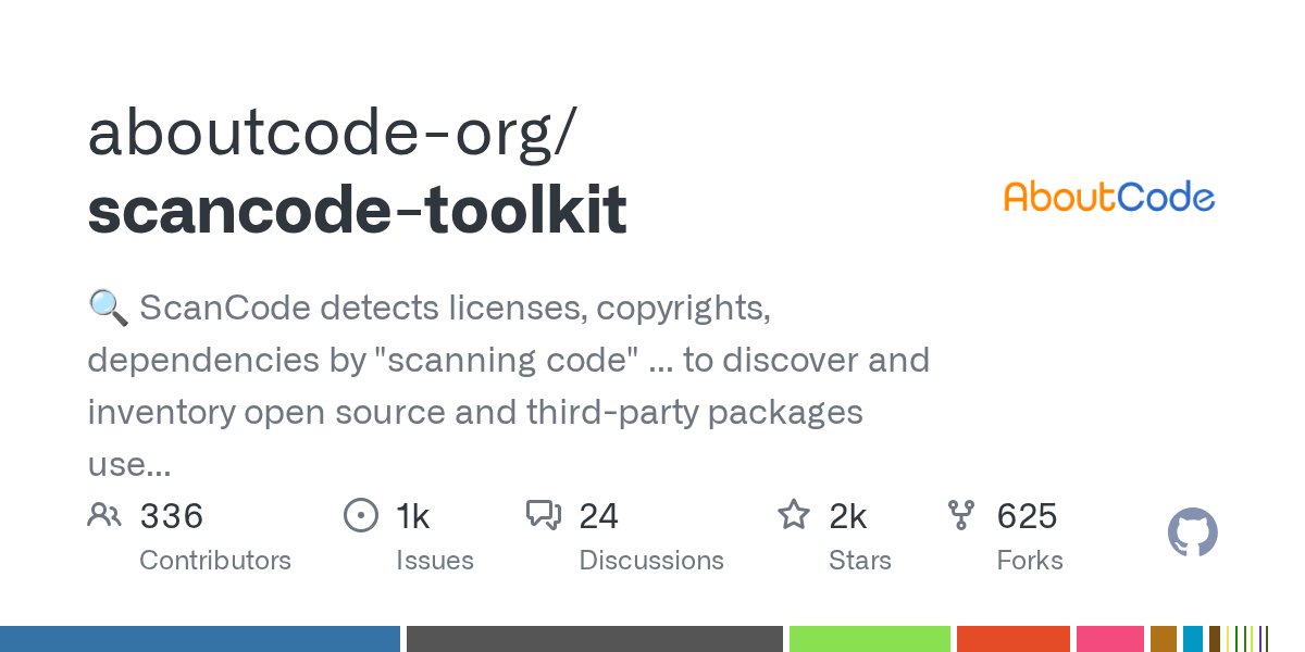 scancode's tweet card. :mag: ScanCode detects licenses, copyrights, dependencies by "scanning code" ... to discover and inventory open source and third-party packages used in your code. Sponsored by NLn...